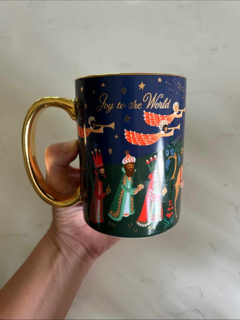 Rifle Paper Co. Navy and Green 'Joy to the World' Holiday Mug with Gold Handle - Picture 2 of 4